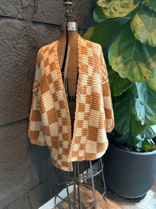 Altar'd State Sweaters - Alter’d state Cozy Checkerboard Open-Front Cardigan Sweater - Cream & Tan